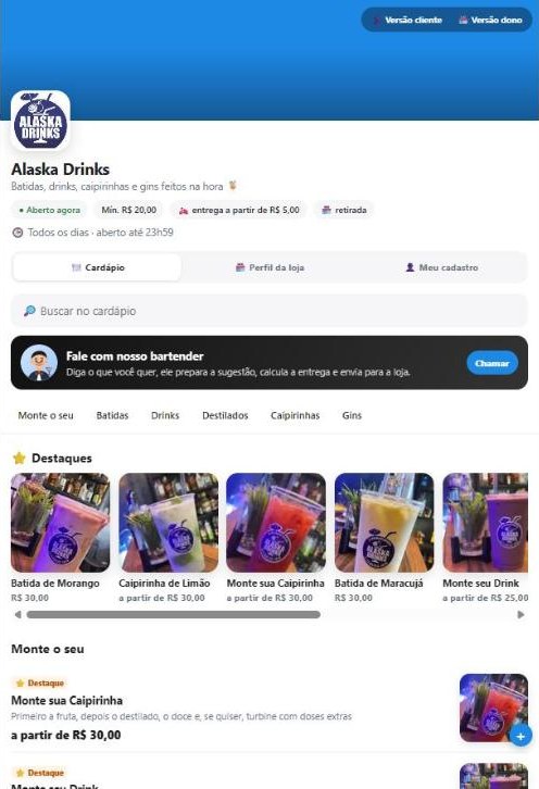 Cardápio da Alaska Drinks no celular