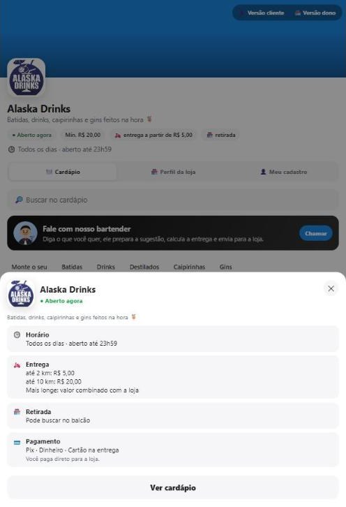 Perfil da loja com horário, entrega e pagamento