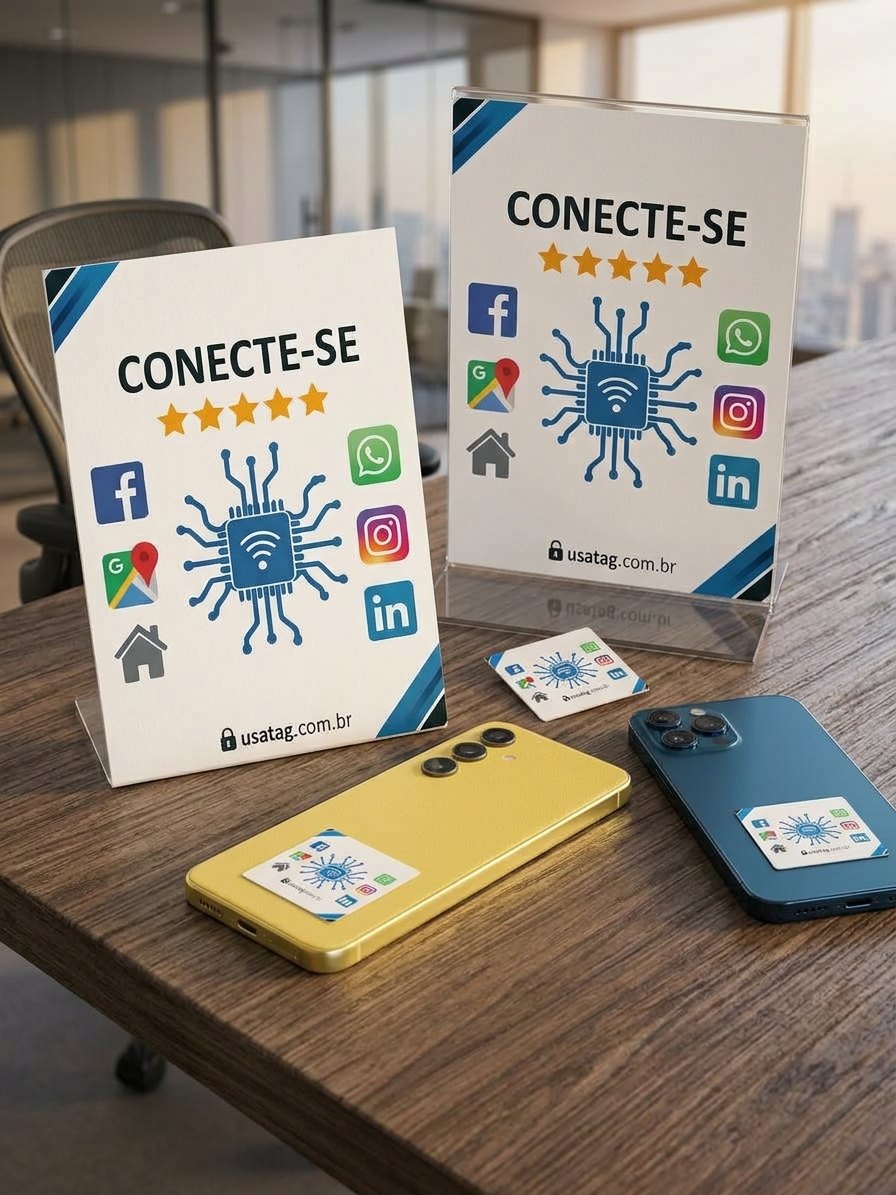Displays CONECTE-SE da USATAG e tags NFC coladas em celulares
